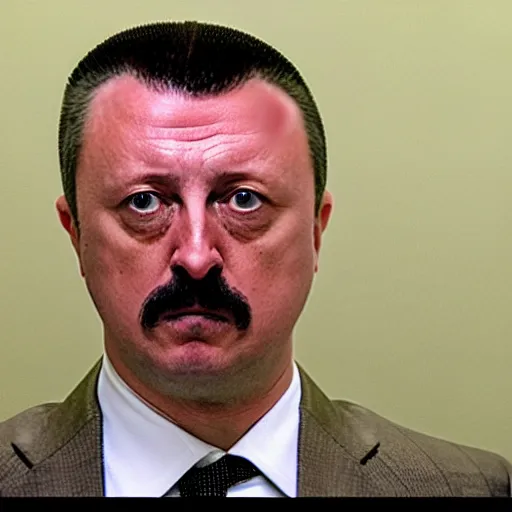 Image similar to Igor Ghirkin Strelkov as The American Psycho, sweating hard, staring schizophrenically, cinematic still