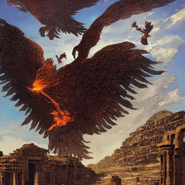 Image similar to a phoenix flying above the architectural ruins of persepolis by greg rutkowski and frank frazetta and peter mohrbacher and william blake and dan mumford