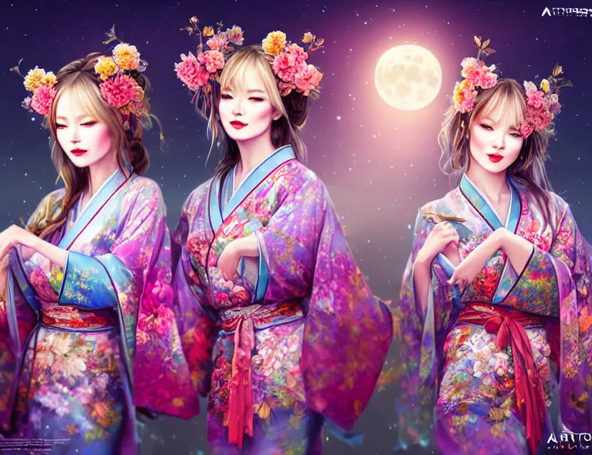 Image similar to two beautiful alluring siberian girls wear fantasy kimono in festival | | sunny night, full moon, dreamlike art, realistic shaded, smile, good looking, hyper details, 4 k realistic, cryengine, realistic shaded lighting poster by artgerm, ross tran, fuji choko, 8 k resolution, trending on artstation, luxury