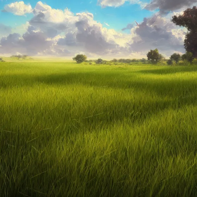 Prompt: a beautiful painting of a grass land by george varodi. in style of concept art. 4 k texture. ray tracing. sharp lines, hyper detailed. octane render. trending on artstation