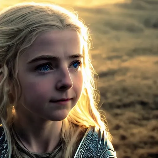 Image similar to cinematic scene with mckenna grace as eowyn from lord of the rings, live action film, battle armor chain mail, dramatic, small details, volumetric lighting, still frame