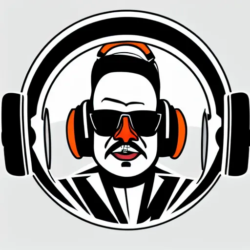 Image similar to svg vector sticker of absolutely insane-mad-scientist-villain, rocking out, wearing headphones, huge speakers, dancing, rave, DJ, spinning records, digital art, amazing composition, rule-of-thirds, award-winning, trending on artstation, featured on deviantart