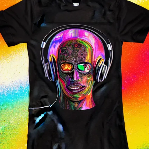 Image similar to mockup of a black tshirt with a hyperdetailed portrait of a steampunk robot with headphones on lsd, 8 k, symetrical, flourescent colors, trippy mood, multicolored,