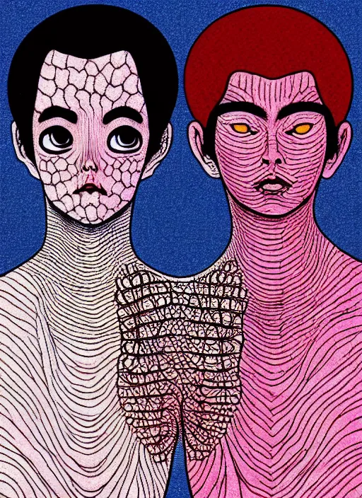 Image similar to 1 px color ink art by junji ito, perfectly centered symmetrical balanced male and female portrait of man and woman in love sharing one heart. high coherence ; fractal geometrical 8 k ultra hd