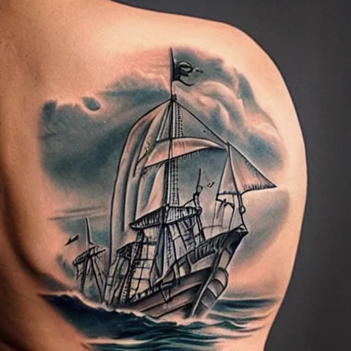 Image similar to a pirate ship sailing in the sea, realism tattoo design, amazing shades, clean white paper background, by Matteo Pasqualin tattoo artist