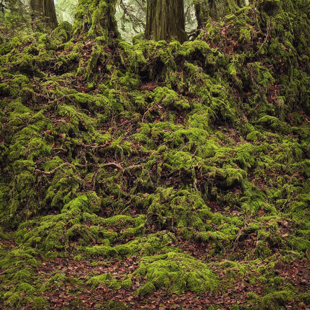 Prompt: withering sofa - couch made from gnarly thick branches, dying, dark leaves, ent treant dryad, in a redwood forest, oak, thick : : dark dying leaves : : realistic, highly detailed matte painting