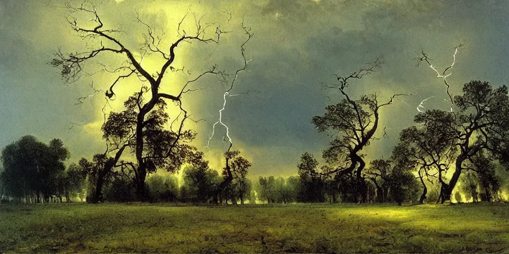 Prompt: lightning strikes a tree in the middle of a field, painting By Alexei Savrasov,