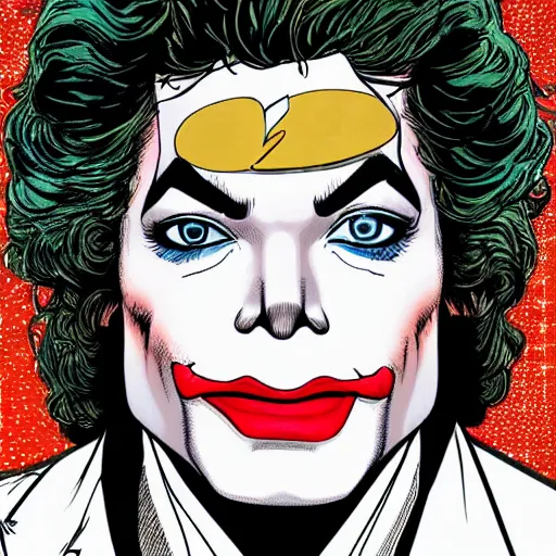 Image similar to dynamic macro head portrait of beautifu michael jackson as the joker in white sequined jacket by john romita sr and cory walker and ryan ottley and jack kirby and barry windsor - smith, comic, illustration, photo real