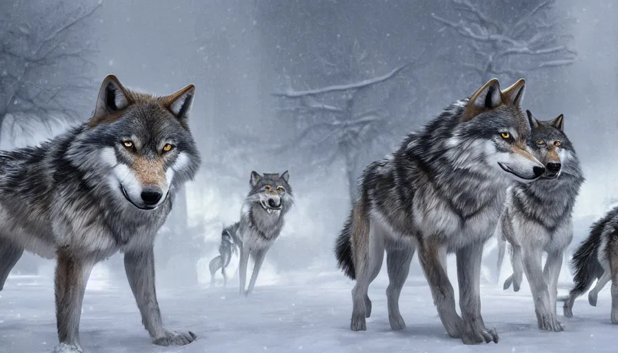Image similar to wolves in snowy washington dc, snow dunes, damaged buildings, hyperdetailed, artstation, cgsociety, 8 k
