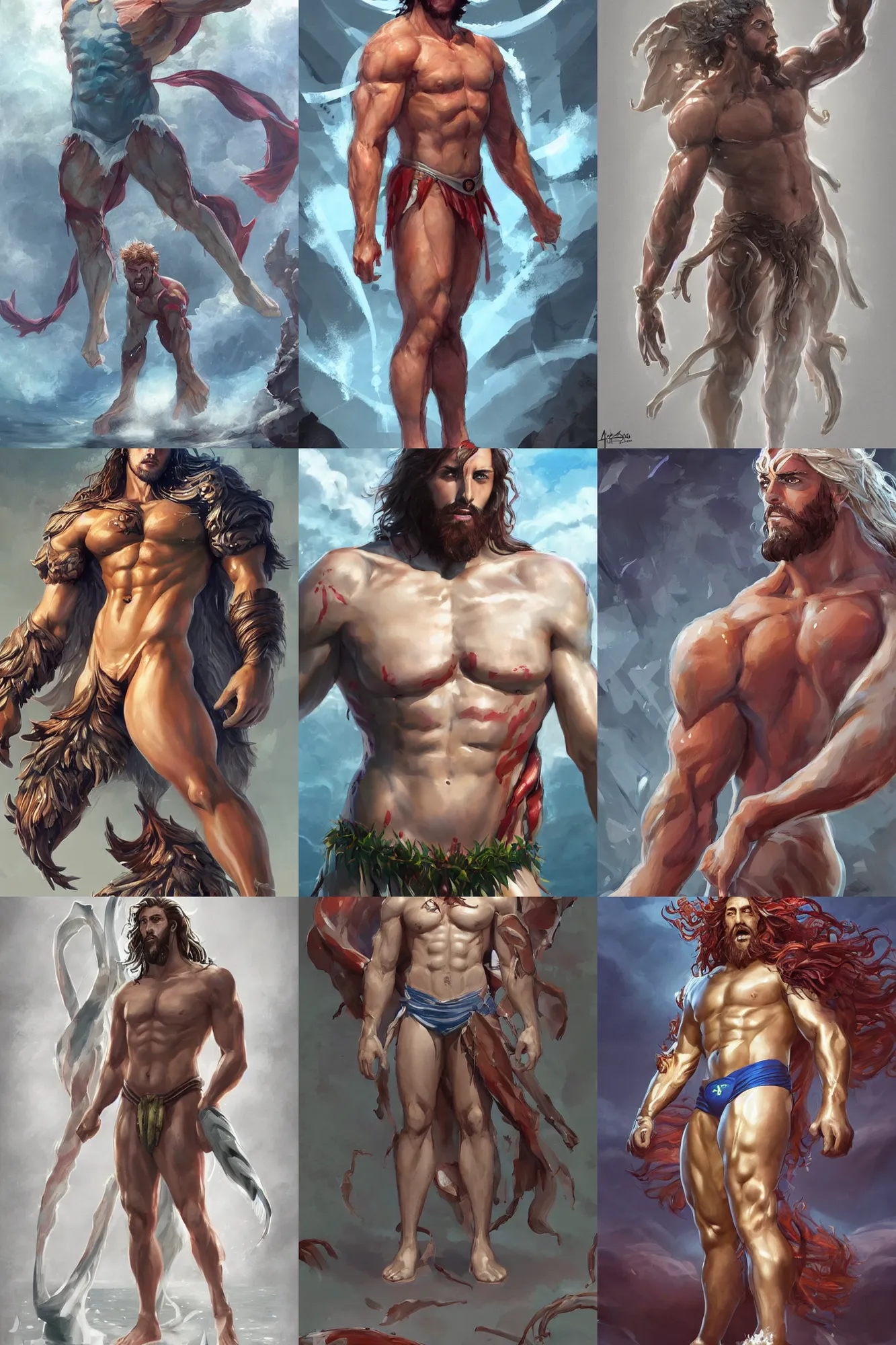 Prompt: distant full body view, aaron taylor johnson as a sea titan in toga, speedo, long hair, dressed!!!!!! digital painting, concept art, smooth, sharp focus, illustration by artgerm, yoshitaka amano, krenz cushart, shinji aramaki