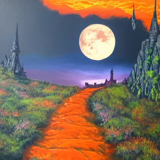 Image similar to detailed dystopic oil painting illustration of steep long zig - zag path to an evil sharp fantasy cinderella castle over a high dark blue hill, orange to pink gradient sky and thunderstorm background. forest underneath. full moon