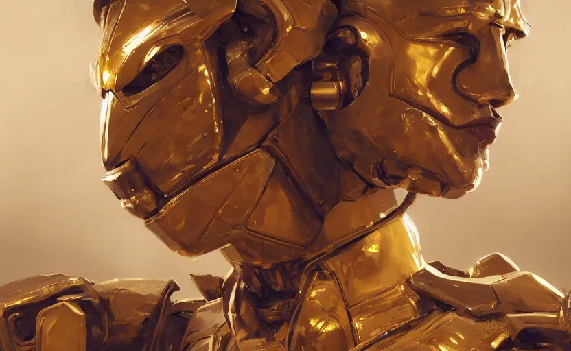 Prompt: golden robot man, human form, game character concept art, close up high detailed, full perfect, detailed faces, symmetrical portrait, high detail, by craig mullins, peter mohrbacher, unreal engine, octane rendered, 8 k, dark beauty, trending on artstation