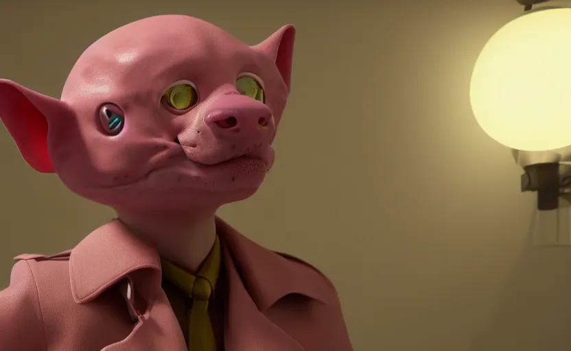 Image similar to a slimy pink ocelot that looks like an investigator, wearing a long beige trench coat, in the style of Pixar, CGI, octane render, trending on artstation, 8K