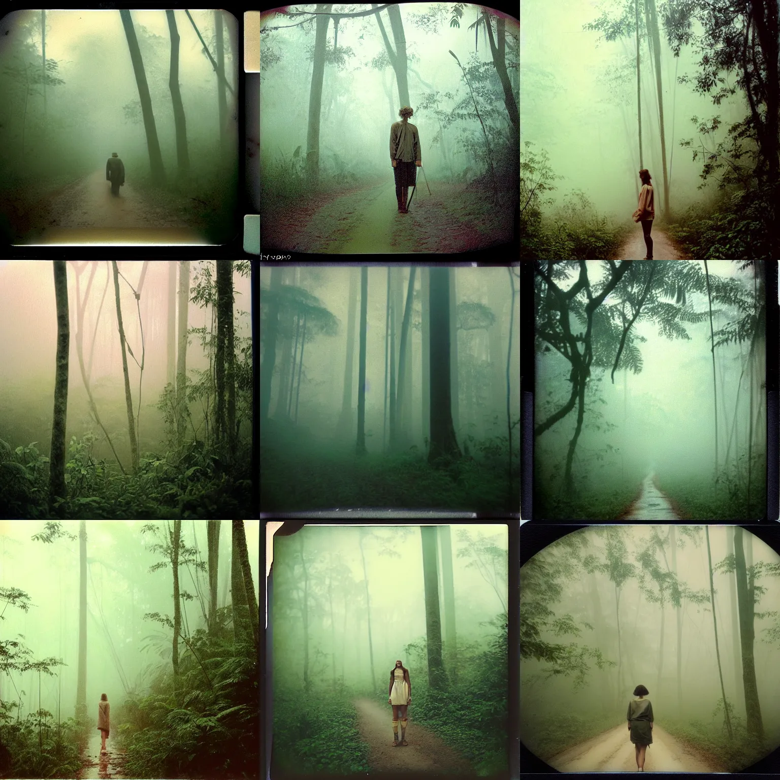 Prompt: trans - formers!, fog, in deep jungle forest jungle, overcast! cinematic focus, old damagaed polaroid photo, vintage, neutral colors, faded!! very soft lights, big overcast, very foggy, full shot by steve hanks, by serov valentin, by lisa yuskavage, by andrei tarkovsky