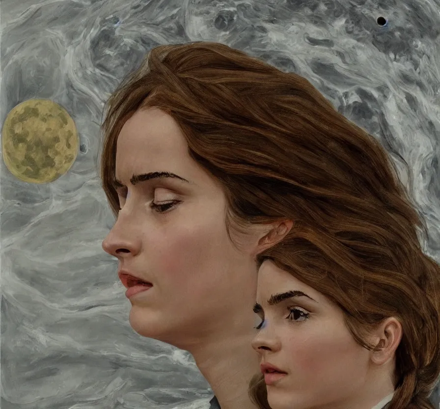 Prompt: high quality high detail painting by lucian freud, hd, portrait of emma watson on the moon