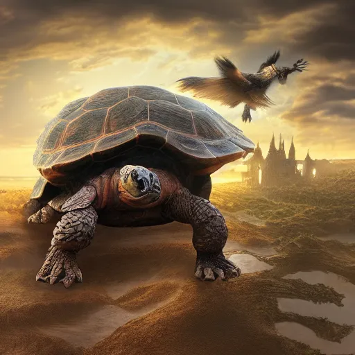 Image similar to gargantuan tortoise with a large fantasy castle armor walking through a sandy wasteland, howls moving castle, mortal engines, mid - distant shot centered birds eye view, fantasy, hyper detailed, 4 k