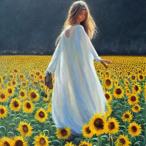 Image similar to a girl slowly walking through amazing tall sunflower field, hair flowing, early morning lighting, elegant, subtle, intricate details, real masterpiece, oil on canvas, by somsak anong