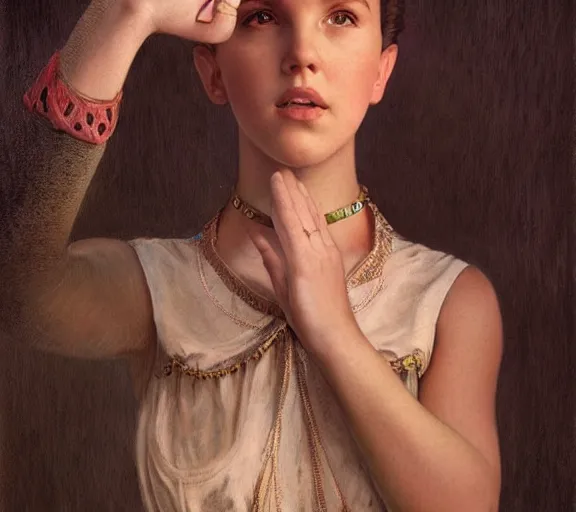 Prompt: photography millie bobby brown with hands - up and hairy armpits, deep focus, intricate, elegant, highly detailed, digital painting, artstation, concept art, matte, sharp focus, illustration, art by artgerm and greg rutkowski and alphonse mucha and gil elvgren