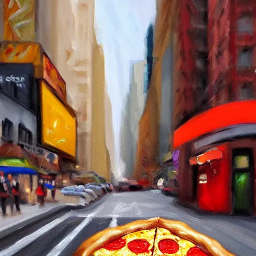 Image similar to slice of pizza on a street in new york city, oil painting, very detailed, trending on artistation, desaturated, 4 k