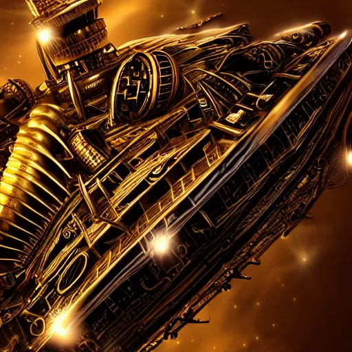 Image similar to steampunk spaceship gold black and rose, shiny golden, studio light, 4 k, highly detailed, black background, light on top