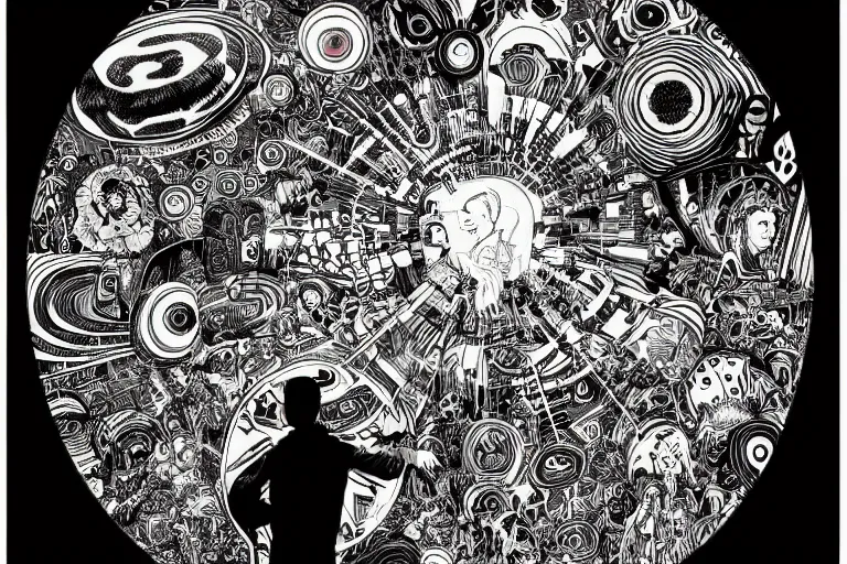 Image similar to psychedelic shaman surrounded by computers by mcbess inside a circular shape, black background, by Philippe Druillet, full colour