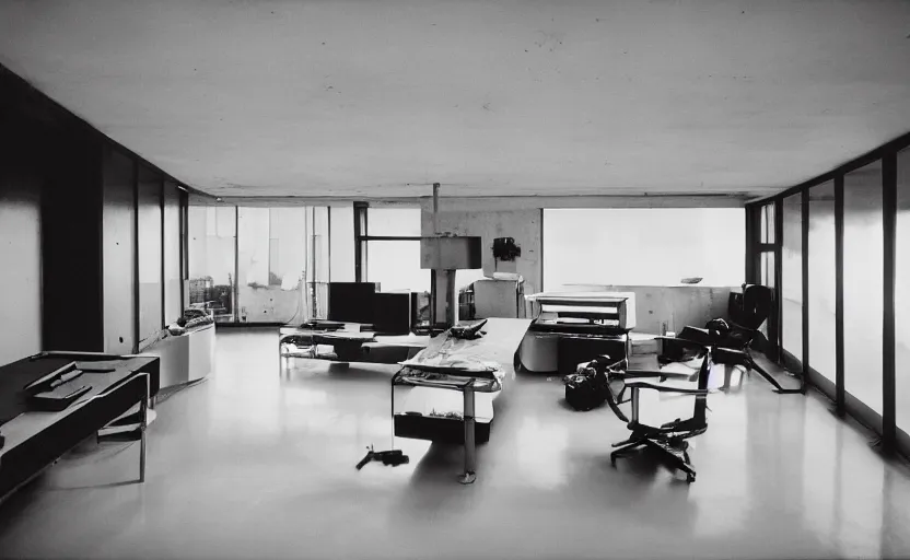 Prompt: Interior shot of a secret brutalist concrete breez block studio apartment with computers and aquariums and with glossy concrete floor by stanley kubrick, shot by 35mm film color photography