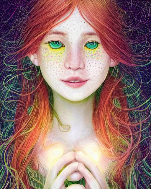 Image similar to infp girl, smiling, amazed by the lights of golden fireflies, sitting in the midst of nature fully covered, long loose red hair, intricate linework, dreamy green eyes, small nose with freckles, oval shape face, realistic, expressive emotions, dramatic lights, spiritual scene, hyper realistic ultrafine digital art by james jean and albert bierstadt and artgerm