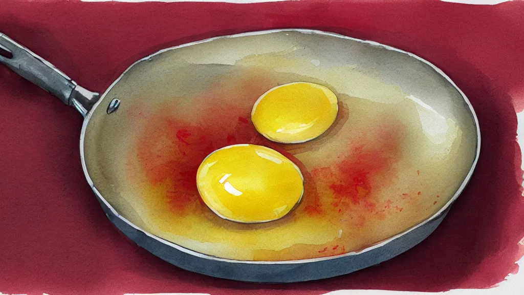 Prompt: egg on a frying pan, kseniia yeromenko, rob duenas, watercolor, illustration, red background, highly detailed