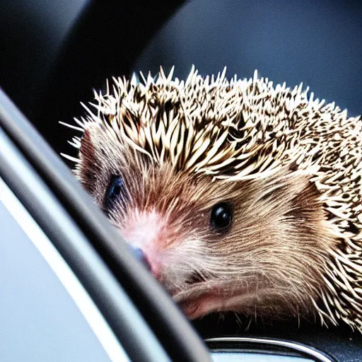 Prompt: a hedgehog at the steering wheel