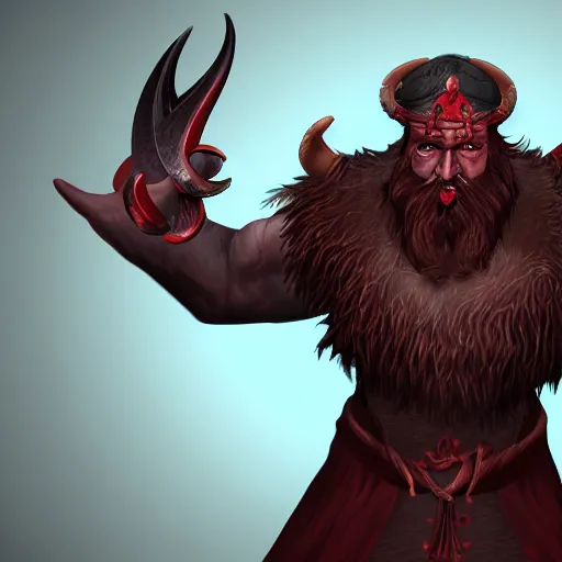 Image similar to dnd render of a man, red, a big black beard, golden eyes, 2 curved horns, one broken horn,