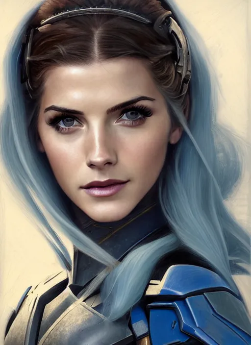 Image similar to portrait of a combination of Ashley Greene, Katheryn Winnick, Victoria Justice and Adriana Dxim, Grace Kelly, and Emma Watson with blue hair wearing Forerunner Armor from Halo, countryside, calm, fantasy character portrait, dynamic pose, above view, sunny day, thunder clouds in the sky, artwork by Jeremy Lipkin and Giuseppe Dangelico Pino and Michael Garmash and Rob Rey and Greg Manchess and Huang Guangjian, very coherent asymmetrical artwork, sharp edges, perfect face, simple form, 100mm