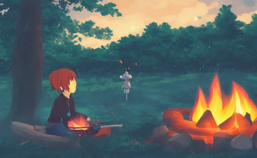 Prompt: a lonely girl roasting a marshmallow over a campfire at night on the Appalachian Trail, interesting camera angle, detailed facial features, anime scene by Makoto Shinkai, digital art, 4k