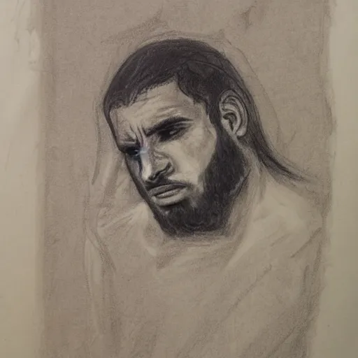 Image similar to 25 year old Mediterranean man, biblical clothing, scared, terrified, frightened, horrified, charcoal sketch