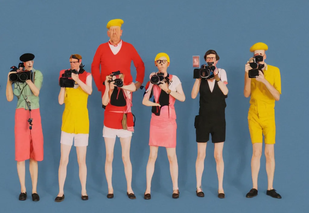 Image similar to full body portrait of a trio of european tourists with nikon cameras, various poses shooting photos, character designs painting, in the style of wes anderson, rene magritte, lola dupre, david hockney, isolated on white background, dark monochrome neon spraypaint accents volumetric octane render