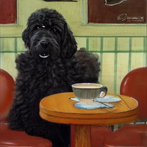 Image similar to Black Goldendoodle with a bright face and a puppy sitting at a diner drinking a cup of coffee, looking melancholy, Norman Rockwell style