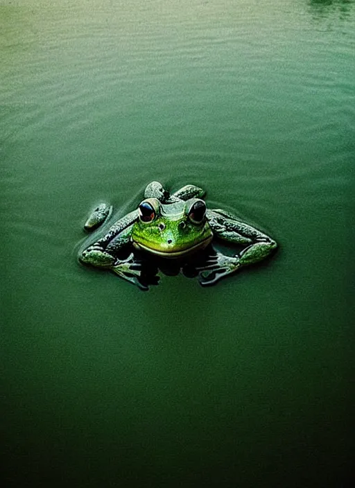 Image similar to “smiling frog vertically hovering over misty lake waters in jesus christ pose, low angle, long cinematic shot by Andrei Tarkovsky, paranormal, eerie, mystical”