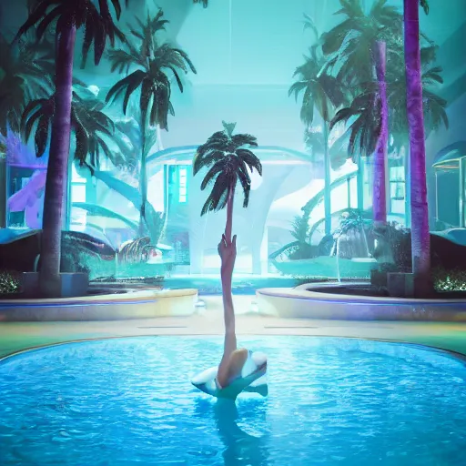 Prompt: a broken statue in a surreal underground white tiled swimming pool surrounded by neon lights and palm trees in vapor wave style, 3D octane render, hyperrealistic, finely detailed, dramatic lighting, neon lighting, unreal engine, houdini, 8k, 4k, raytracing