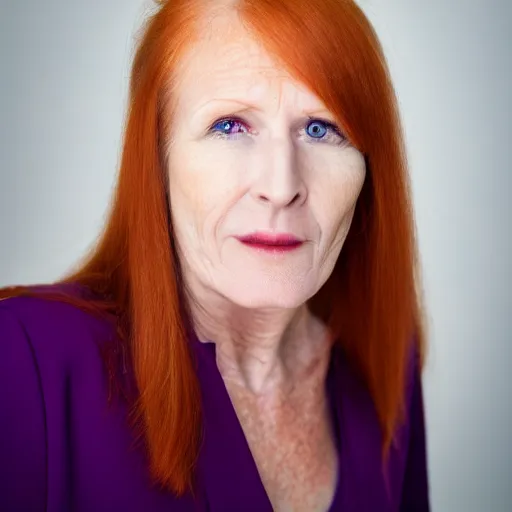 Image similar to mature woman with long ginger hair and purple eyes, high quality photo