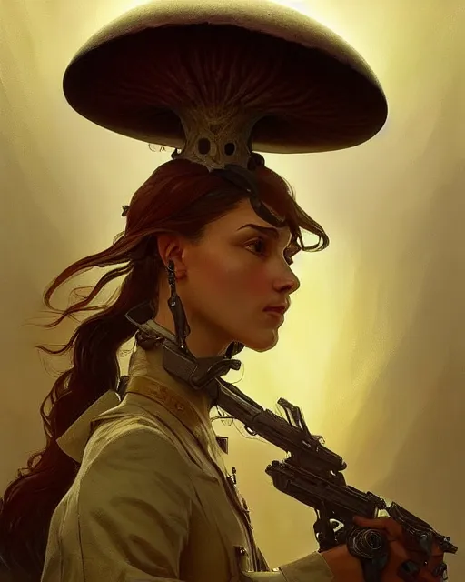 Image similar to portrait of a humanoid mushroom wearing a formal military outfit, science fantasy painting, elegant intricate digital painting artstation, greg rutkowski and alphonse mucha, detailed