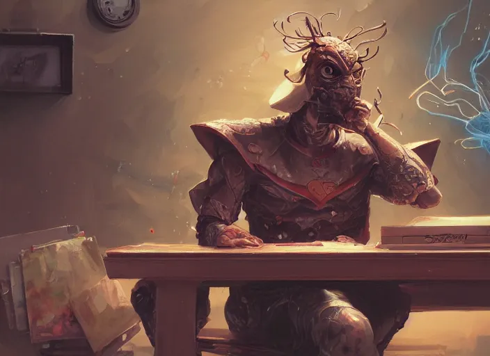 Image similar to an insanely detailed painting of an asian man wearing a homemade superhero costume, sitting at a desk, staring seriously at the computer and typing, in the style of peter mohrbacher, james jean, ruan jia, dramatic lighting and composition, surreal background, octane render, pixar, trending on artstation, concept art, comic book, view from behind, 8 k