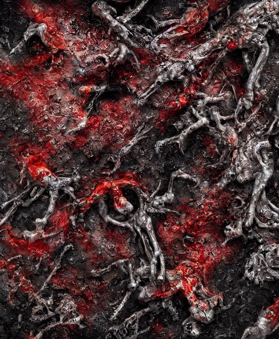 Prompt: hyper realistic macro close up blood and bones on tar, art by greg rutkowski, intricate, ultra detailed, photorealistic, vibrante colors, trending on artstation, octane render, 4 k, 8 k