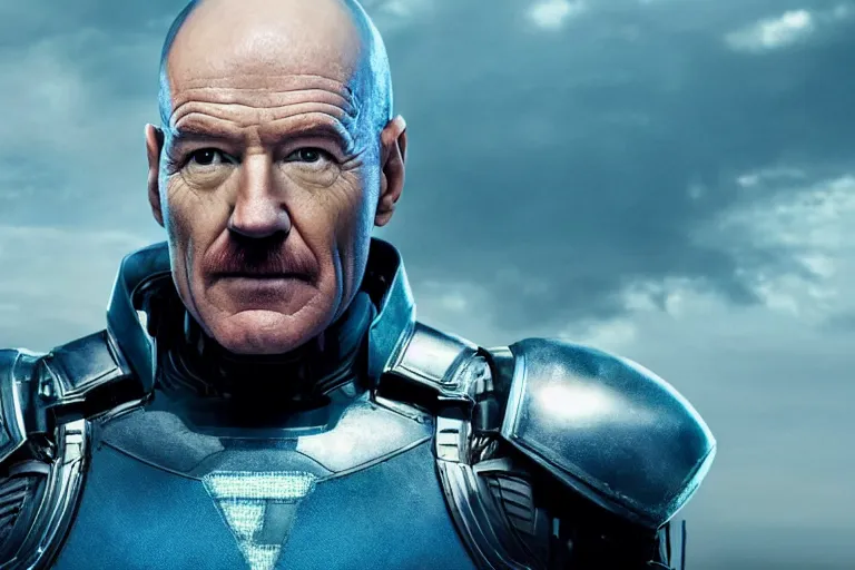 Prompt: promotional image of bald Bryan Cranston as a new superhero called Meth-Man in Avengers: Endgame (2019), icy blue plate armor, stern expression, movie still frame, promotional image, imax 70 mm footage