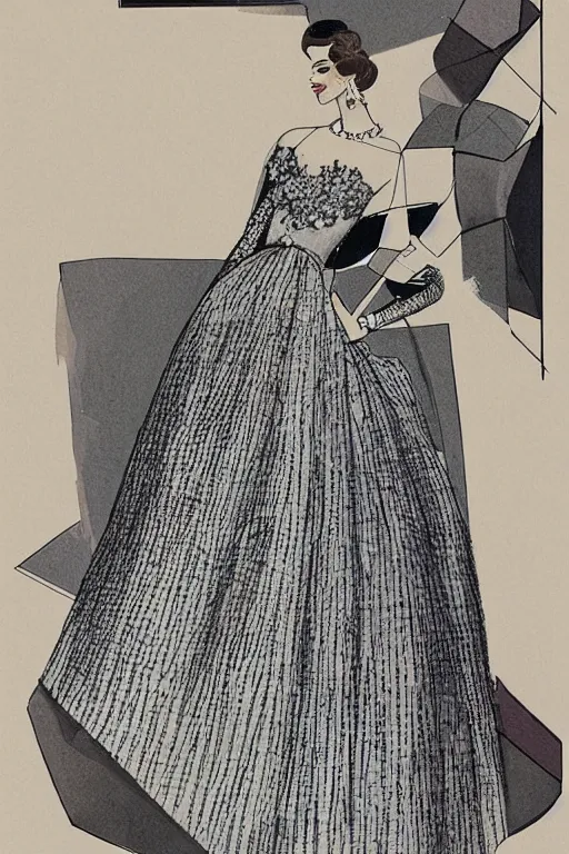 Image similar to a detailed high fashion couture illustration of a mid - century outfit