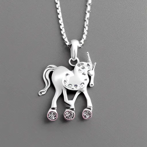 Prompt: a lovely cute silver cartoon unicorn necklace pendant, 3 d rendering, pandora style, tiffany style, swarovski style, van cleef & arpels style, cartier style, boucheron style, bulgari style, chaumet style, elegant, noble, stylish