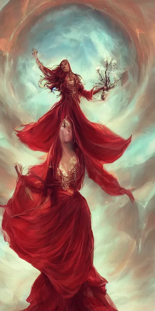 Prompt: A woman floats in midair, encircled by a ring of fire. She wears a crimson gown and her hair is wild and flowing. In her hands she holds a staff adorned with a large crystal ball, super coherent, trending on artstation, female, magic, by Lulu Chen and Mandy Jurgens