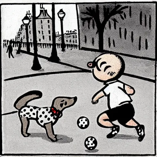 Image similar to illustration of french boy on the streets of paris playing football against a corgi, the dog is wearing a polka dot scarf, comic, 1 9 6 2