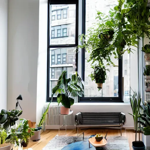 Prompt: A sun filled NYC loft with plants, person standing near the window, watercolor