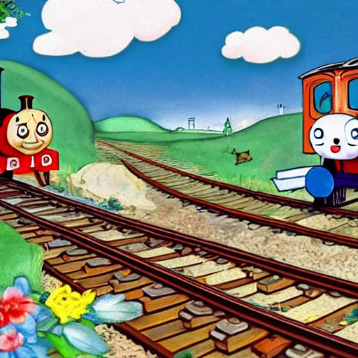 Image similar to An illustration of the trolley problem where Thomas the Tank engine is to the point of crushing the Sylvanian family who lay on the rails in front of him