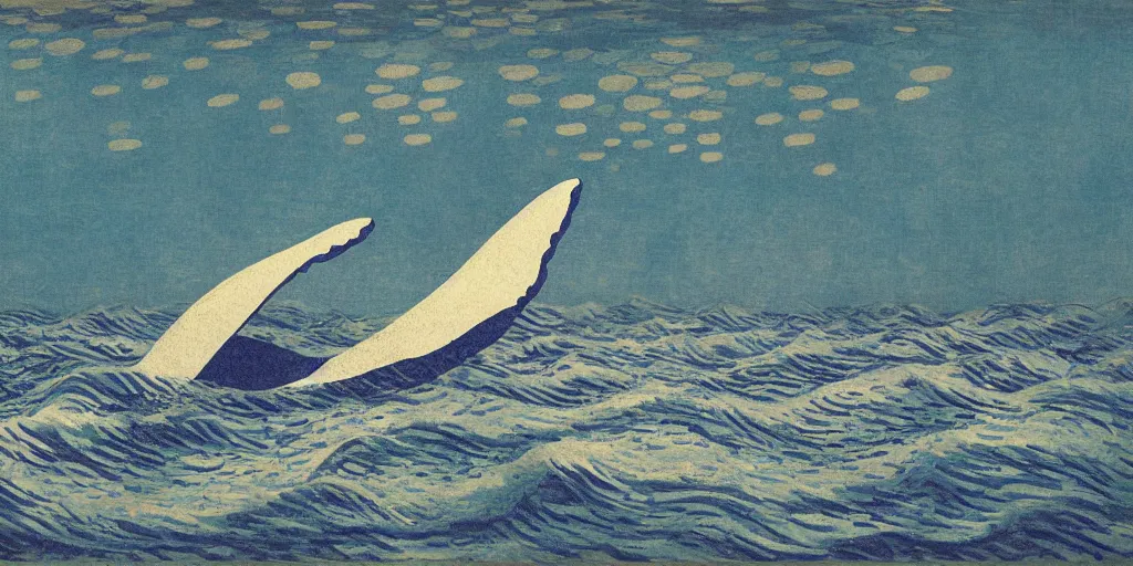 Image similar to An aesthetically pleasing, dynamic, energetic, lively, well-designed digital art of a whale, ripples, waves, sea foam, light and shadow, ocean caustics, aizome patterns, shin-hanga by Claude Monet, traditional Japanese colors, superior quality, masterpiece, excellent use of negative space.