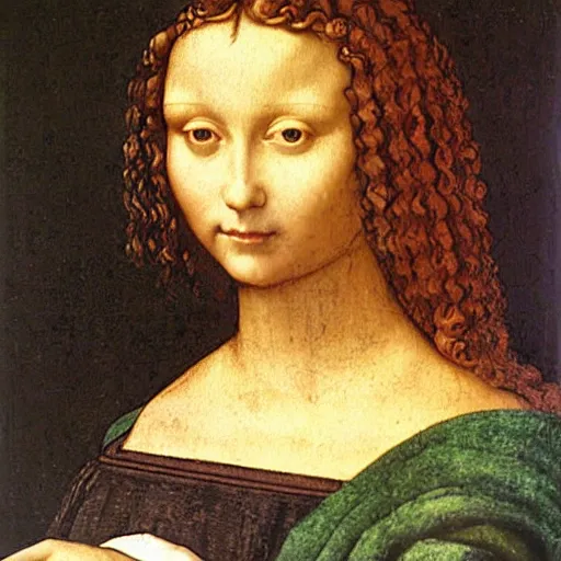 Image similar to young woman from the year 1 5 0 0, seated in front of a landscape background, her black hair is fine curly, she wears a dark green dress pleated in the front with yellow sleeves, puts her right hand on her left hand and smiles slightly, oil painting in style of leonardo da vinci